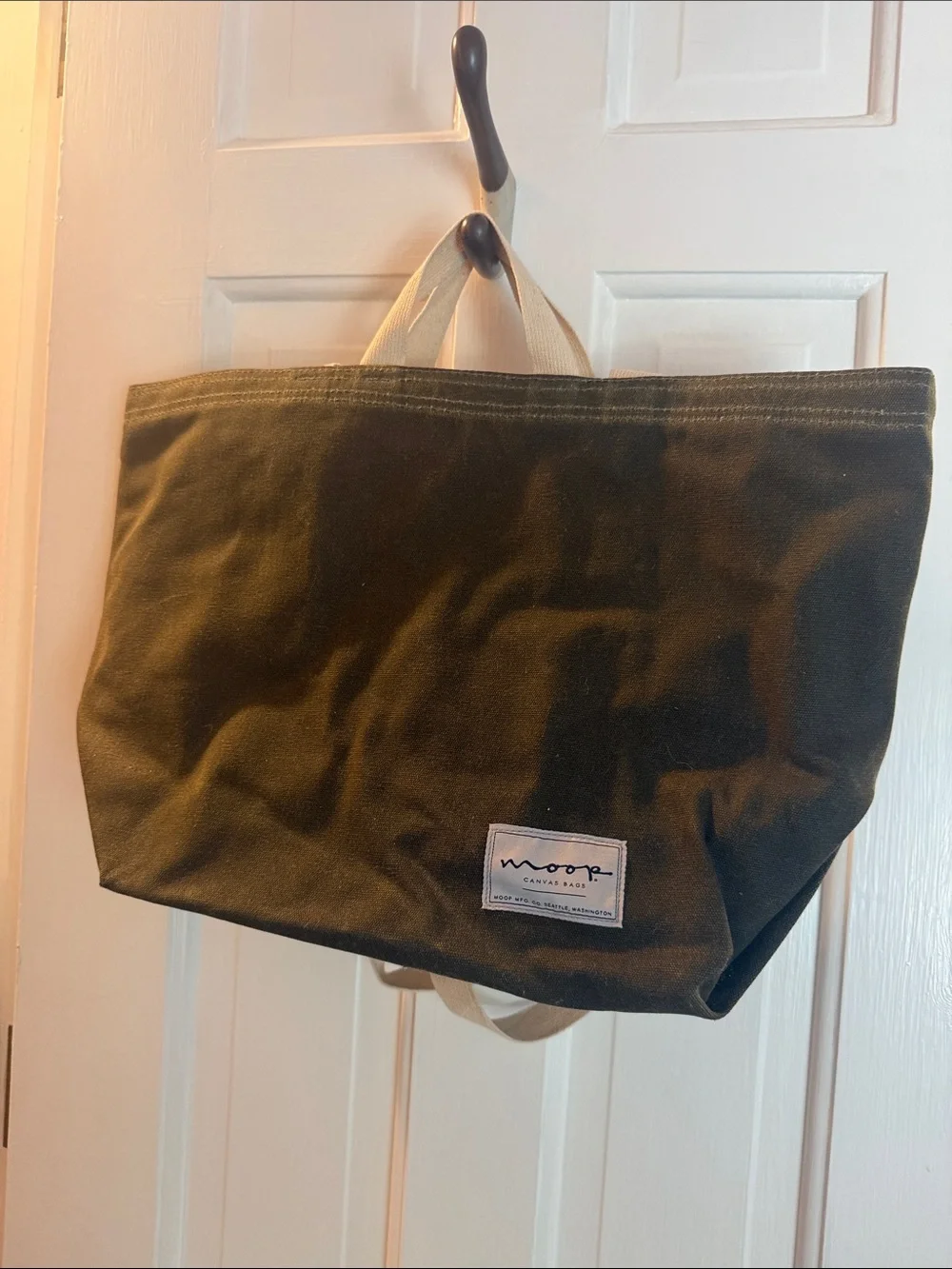 Moop Canvas Duffel Tote in Olive Green with Cream Handles